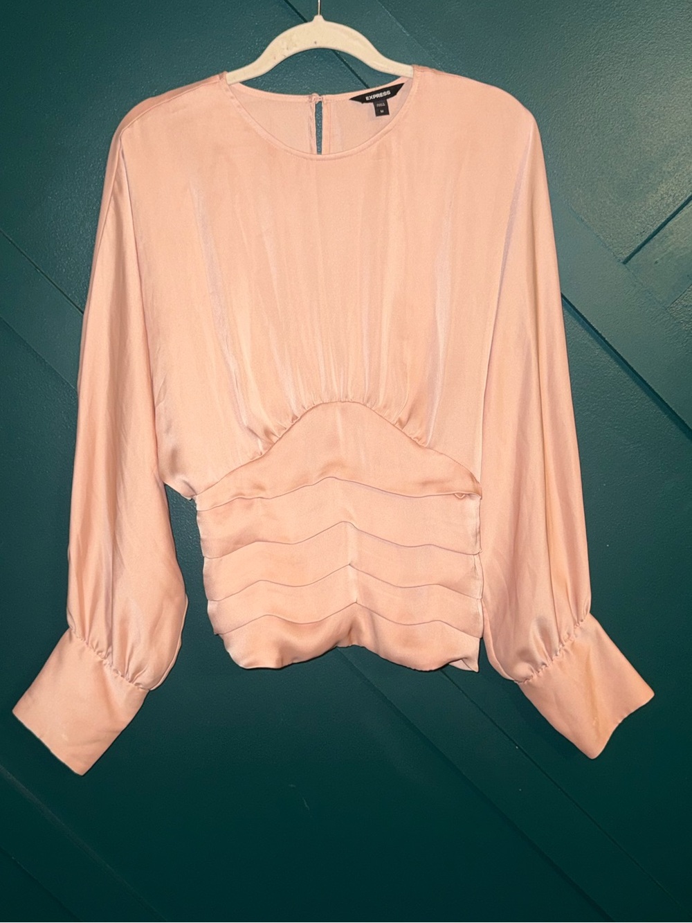 Express Blush Pink Satin Crew Neck Smocked Ruched Cinched Waist Size M